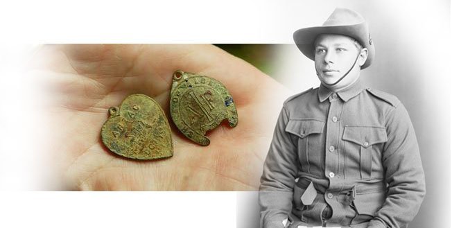 A soldier who fought and died at Fromelles, with a descendant holding the aging medals they received in the palm of their hand.